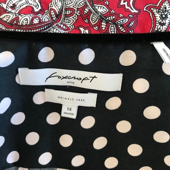 Foxcroft NYC button down shirt women 14 navy/white polka dots red paisley preppy - Picture 11 of 15